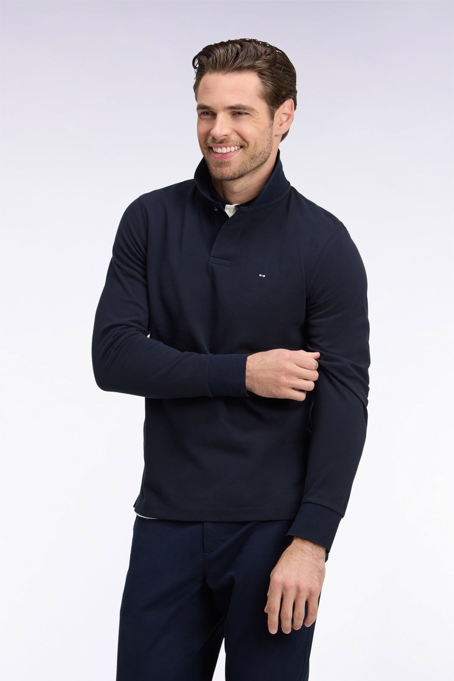 Polo à manches longues en piqué coton marine broderie dos