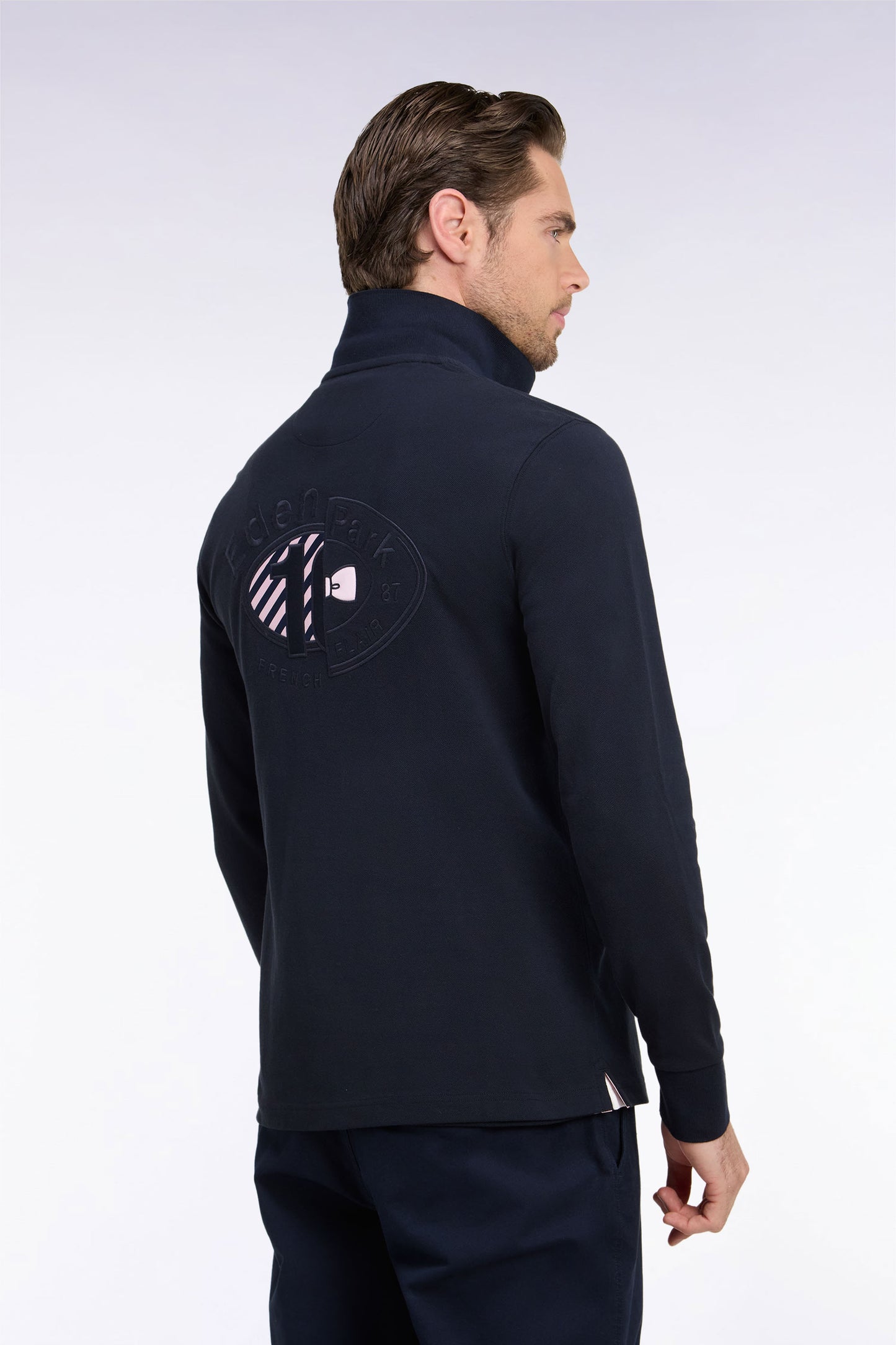 Polo à manches longues en piqué coton marine broderie dos