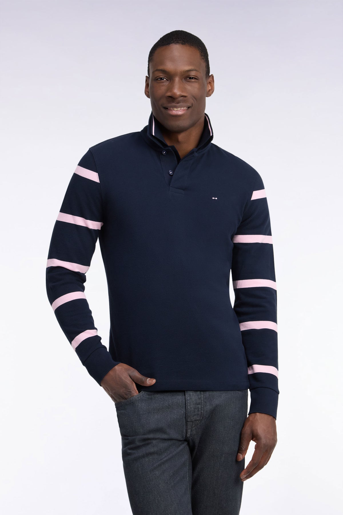 Long-sleeved striped polo shirt in navy cotton pique straight cut