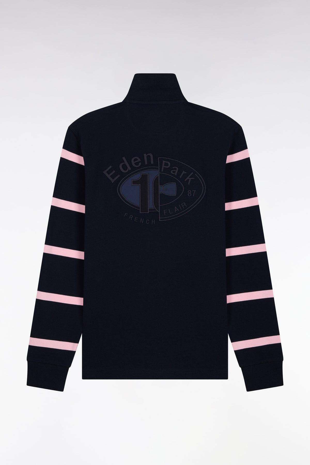 Long-sleeved striped polo shirt in navy cotton pique straight cut