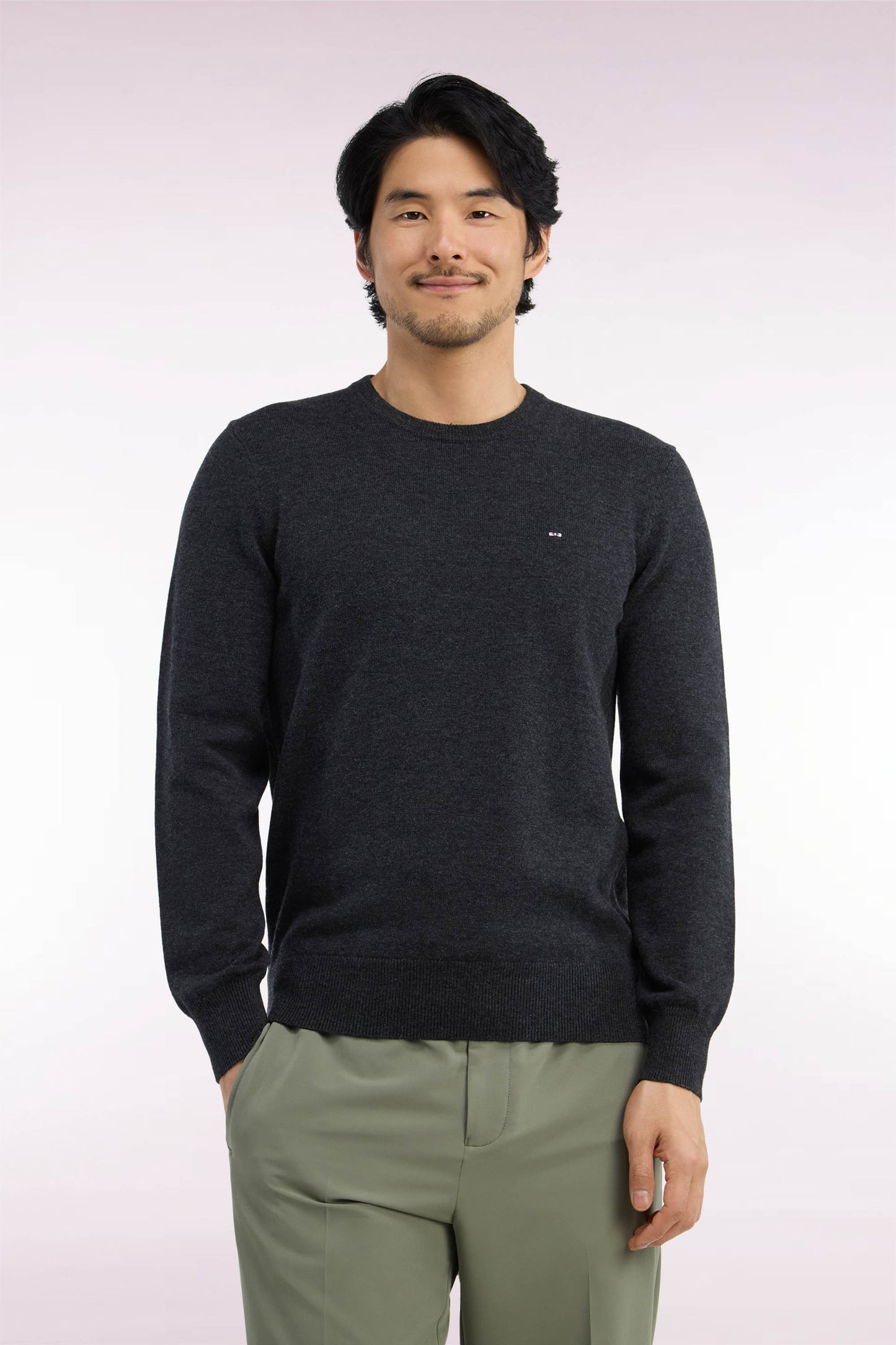 Pull col rond en laine et coton gris anthracite coupe droite