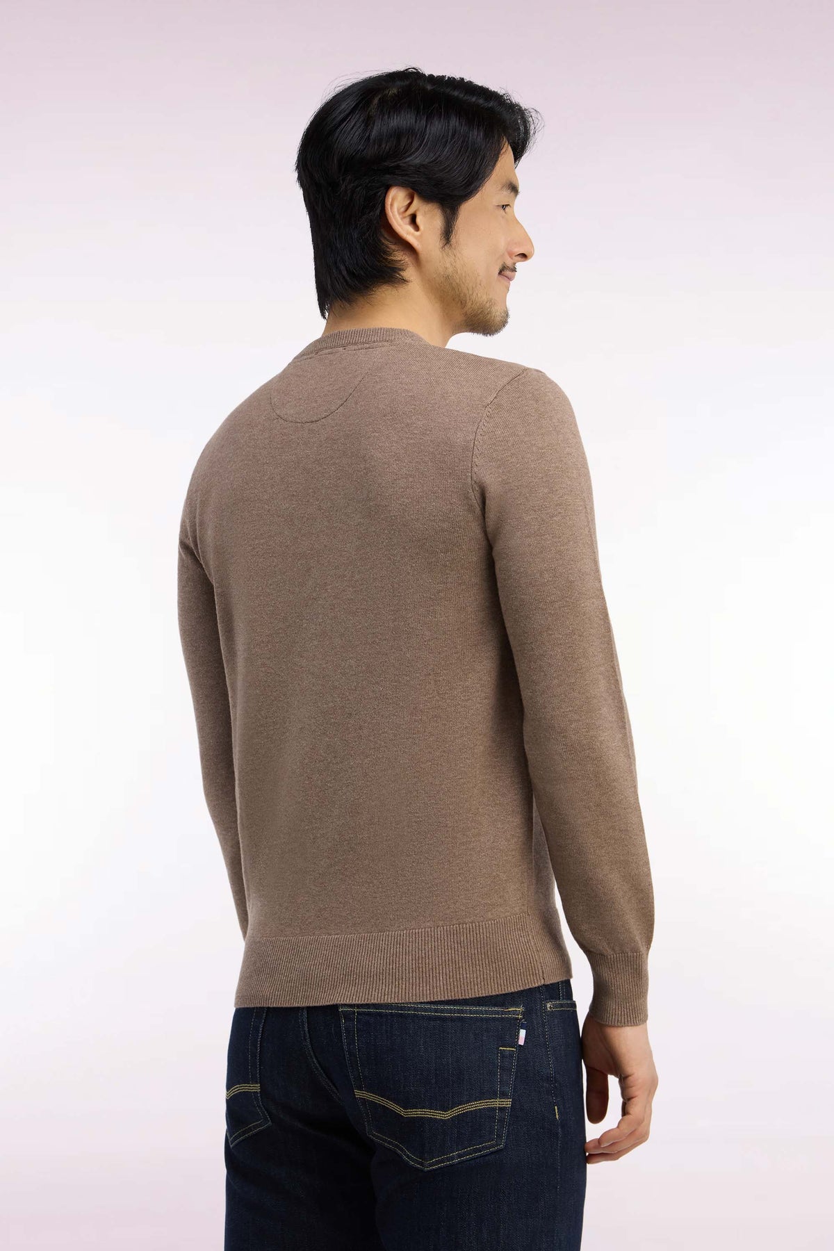 Round neck sweater in brown wool and cotton, straight cut