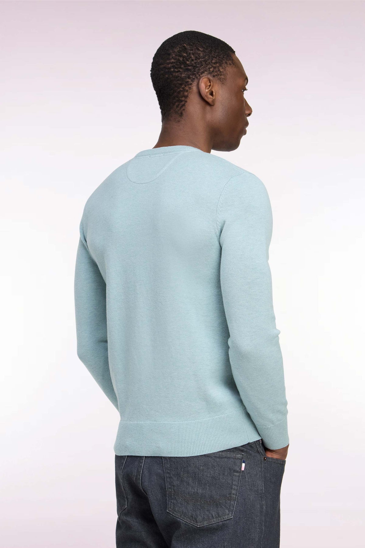 Round neck sweater in water green wool and cotton, straight cut