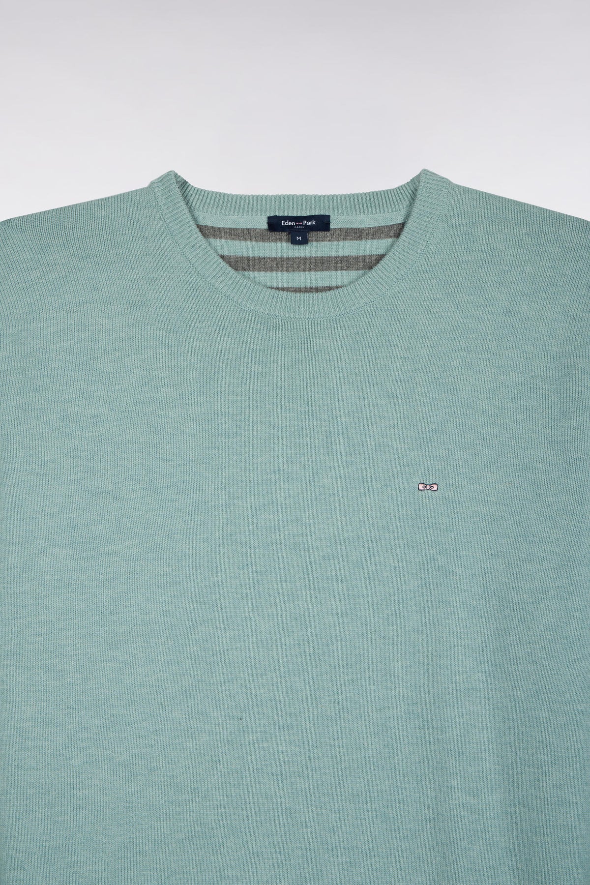 Round neck sweater in water green wool and cotton, straight cut