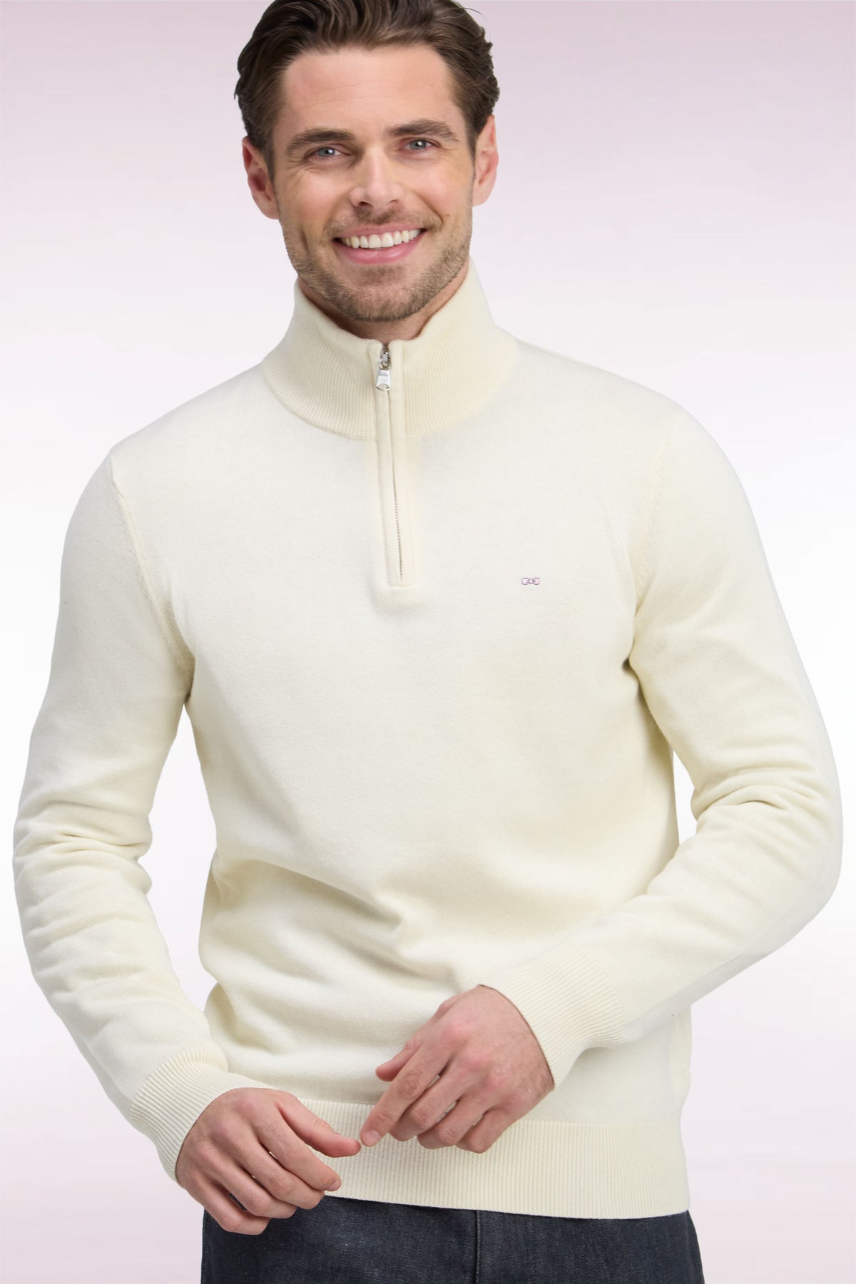 Straight cut wool and ecru cotton trucker neck sweater