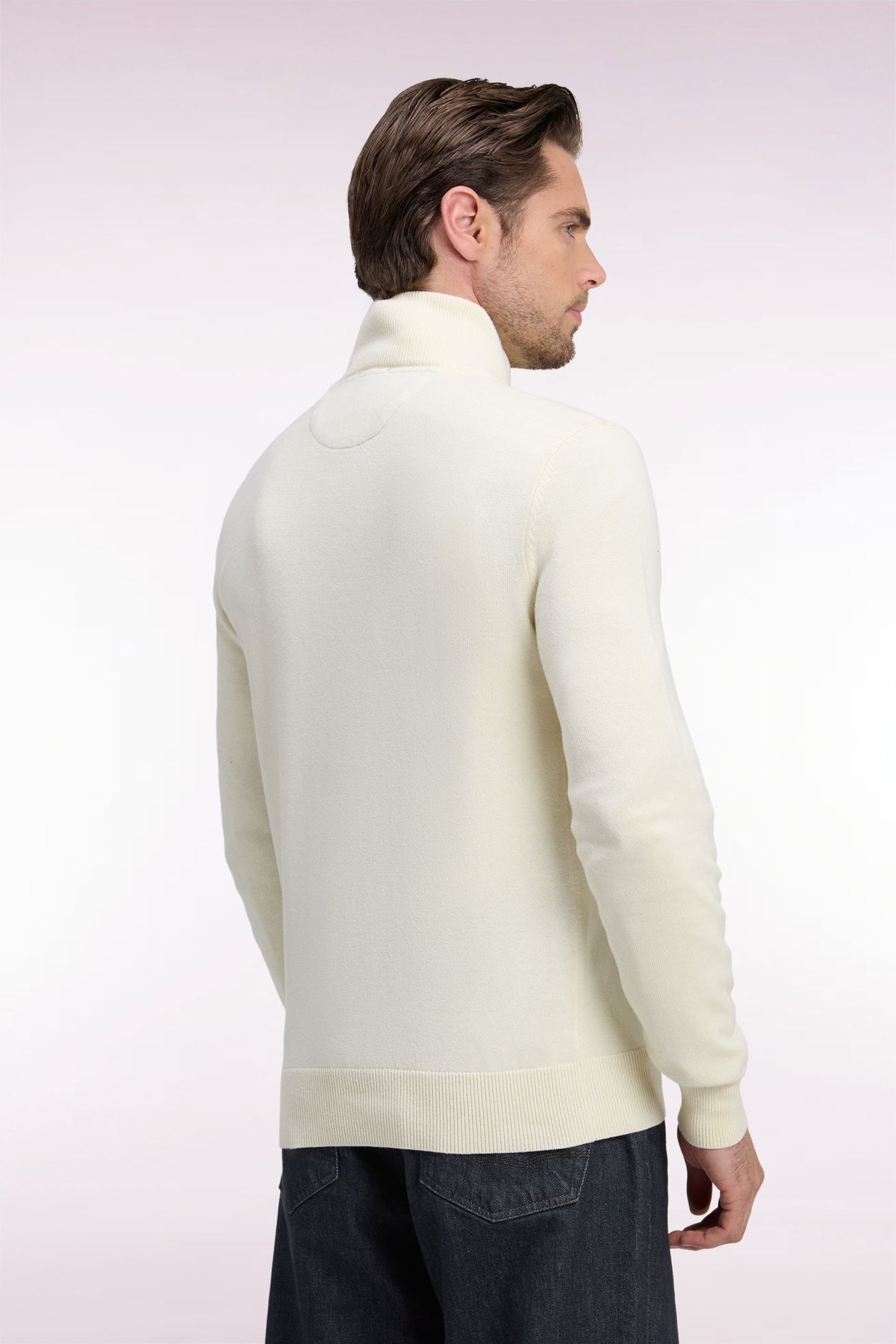 Straight cut wool and ecru cotton trucker neck sweater