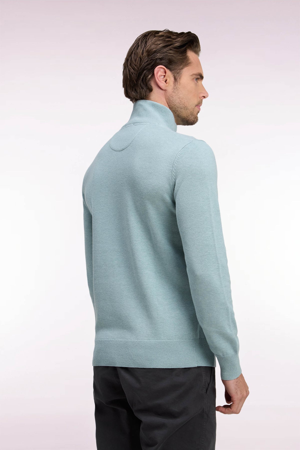 Straight cut water green wool and cotton trucker neck sweater