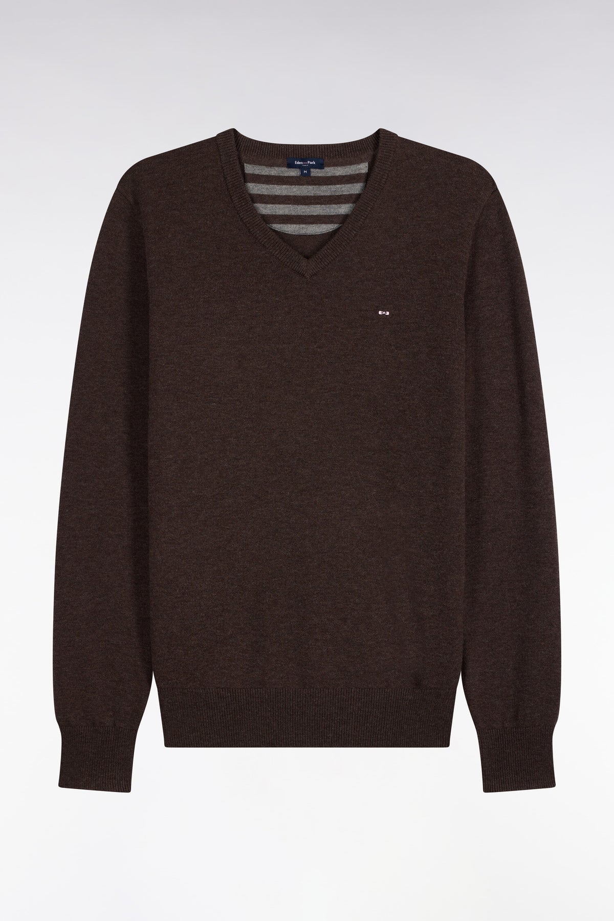 Straight cut brown wool and cotton V-neck sweater