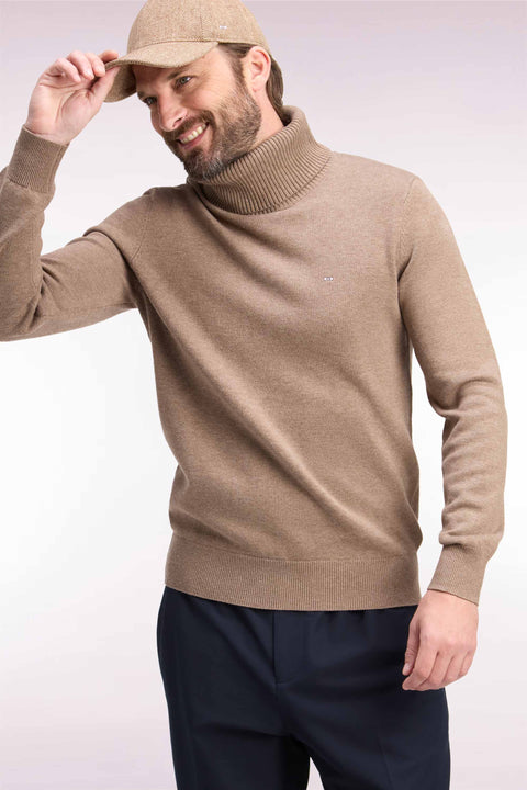 Straight cut brown wool and cotton turtleneck sweater - Image 1