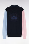 Regular fit tricolor cotton jersey collar sweater with back embroidery