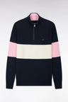 Navy cotton zipped trucker neck sweater with tricolor cutout, straight cut