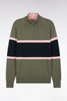 Olive green cotton trucker neck sweater with contrast cutouts, straight fit