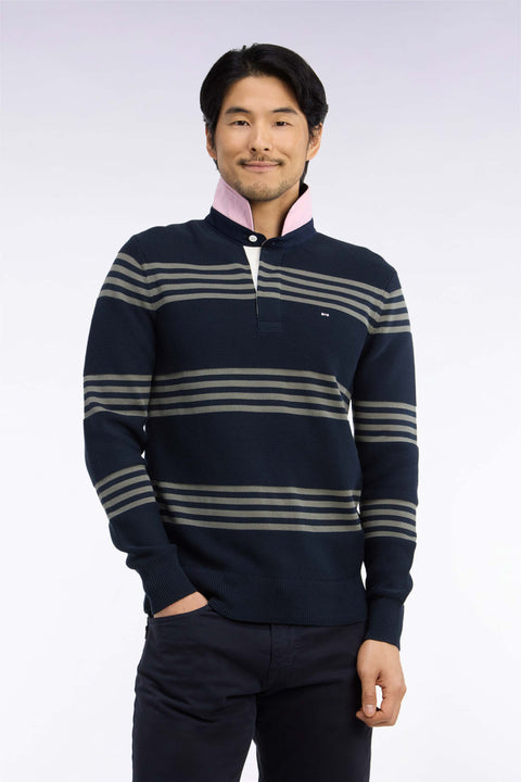 Pull à col maillot en coton vert olive et marine coupe droite - Image 2