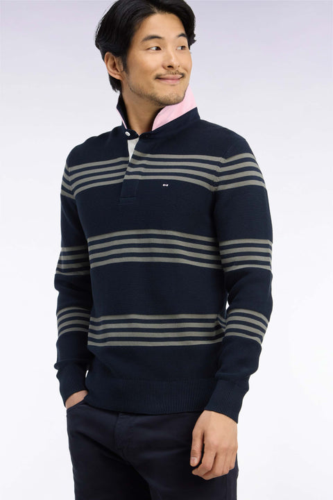 Pull à col maillot en coton vert olive et marine coupe droite - Image 1