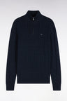 Straight cut navy cotton trucker collar cable sweater