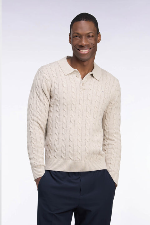 Pull à torsades et col maillot en coton beige coupe droite - Image 3
