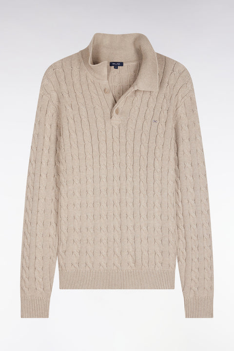 Pull à torsades et col maillot en coton beige coupe droite - Image 2