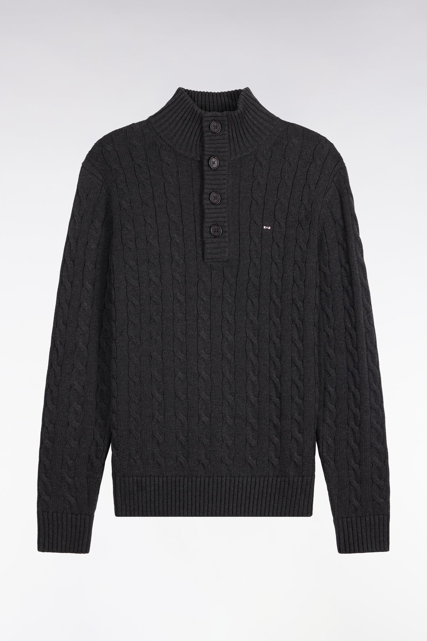 Pull à torsades col boutonné en coton gris coupe droite