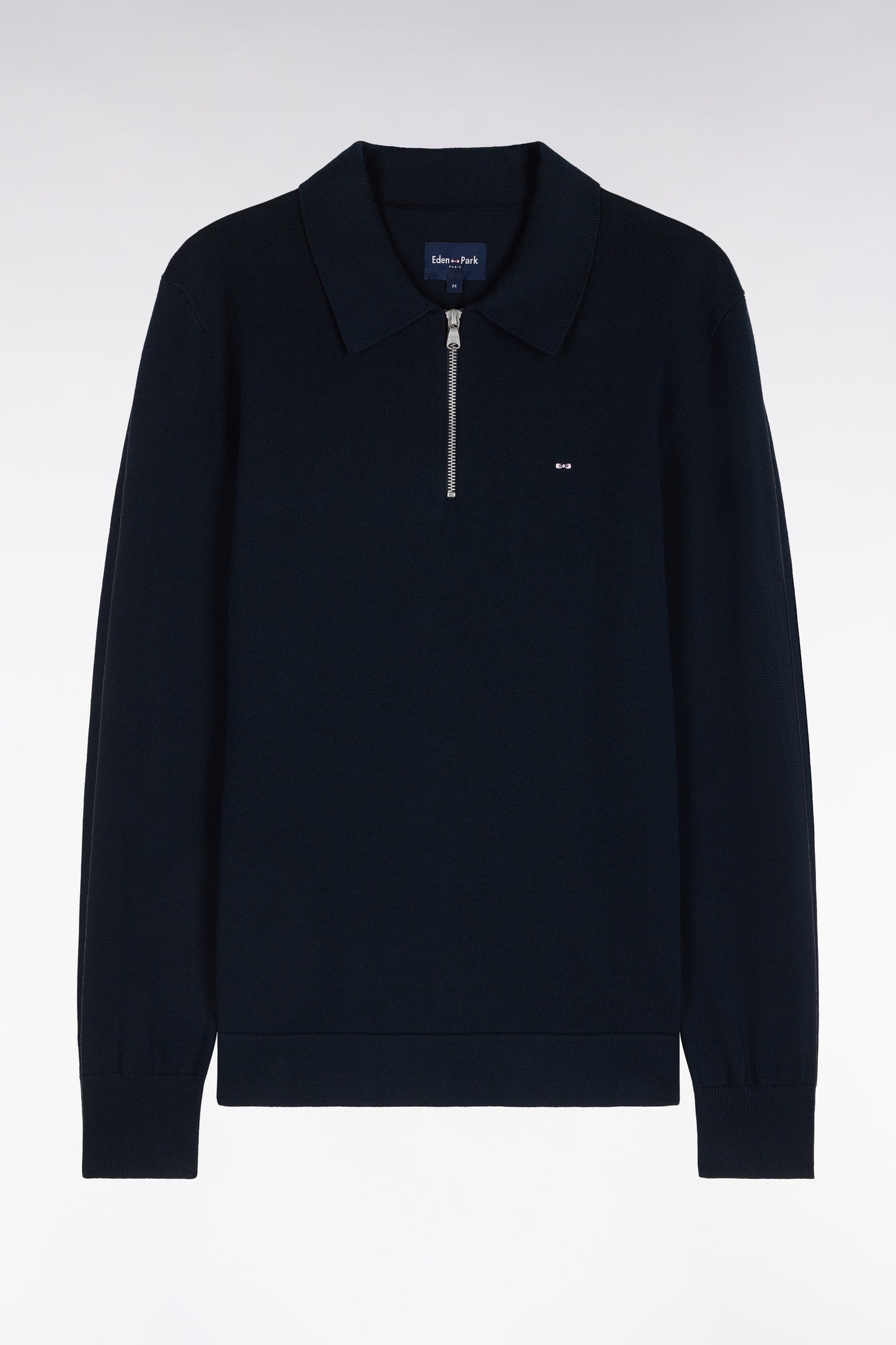 Pull à col polo zippé en coton et viscose marine coupe droite