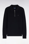 Straight cut black cotton and viscose zipped polo collar sweater