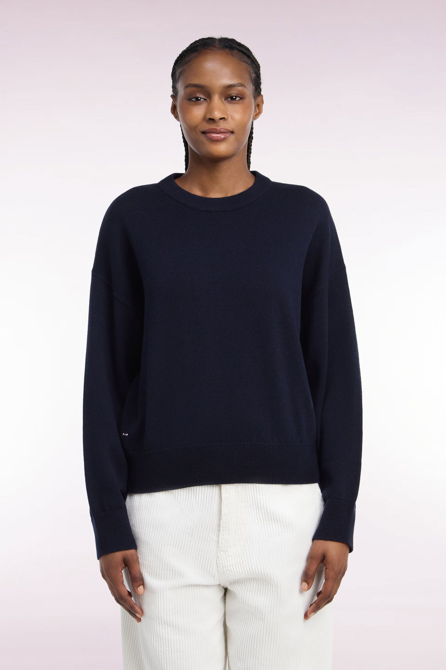 Pull col rond en laine et coton marine coupe oversized