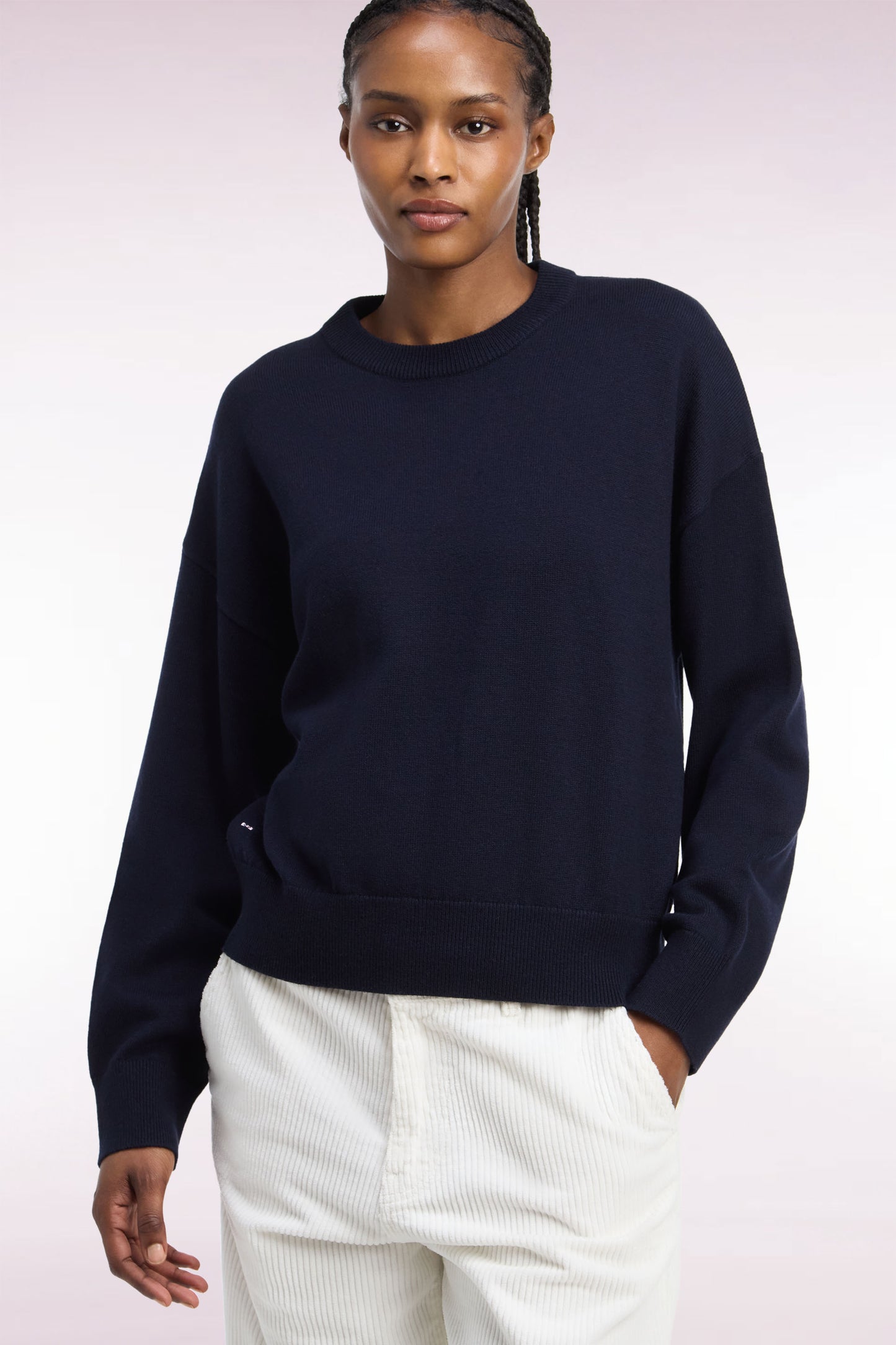 Pull col rond en laine et coton marine coupe oversized