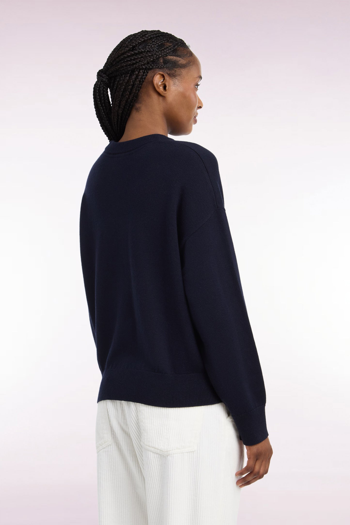Pull col rond en laine et coton marine coupe oversized