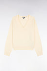 V-neck sweater in ecru wool and cotton, oversized cut