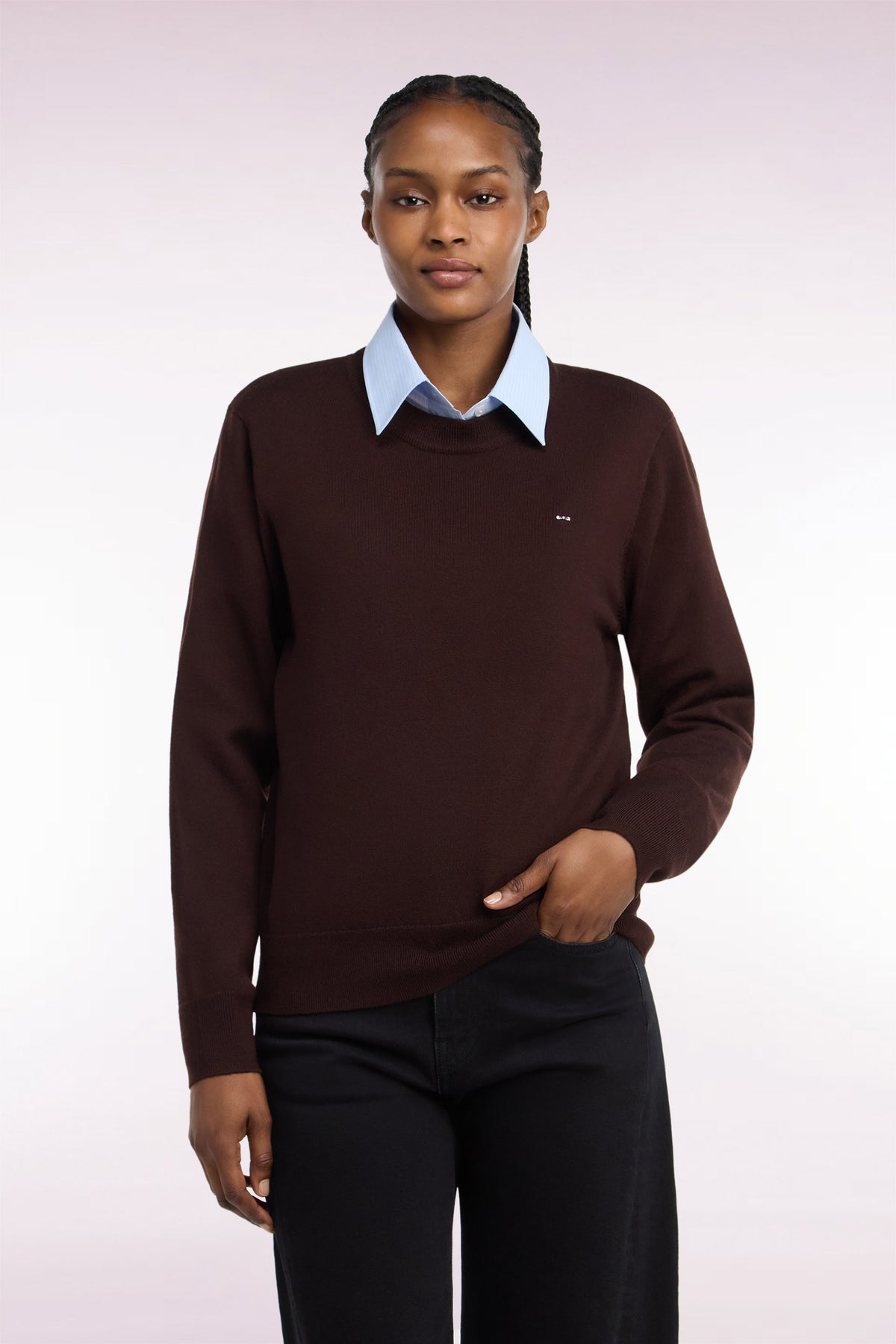 Pull col rond en laine marron coupe droite