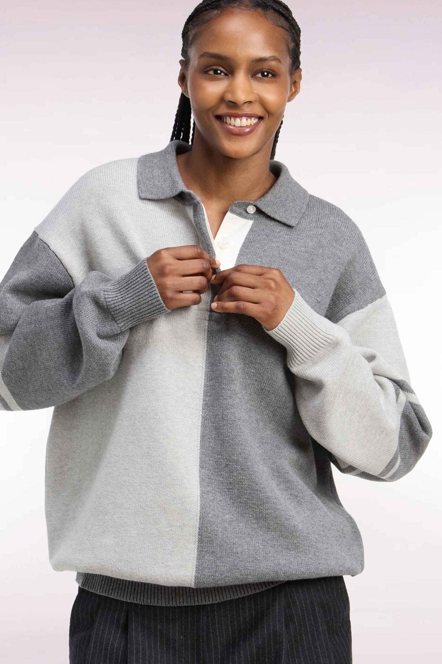 Pull col maillot en laine et coton gris coupe oversized