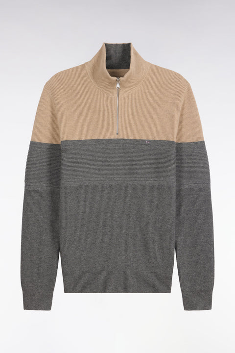 Pull à col camionneur en laine et coton bicolore beige et gris - Image 2