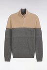 Two-tone beige and gray wool and cotton trucker neck sweater