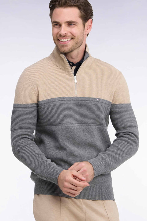 Pull à col camionneur en laine et coton bicolore beige et gris - Image 1