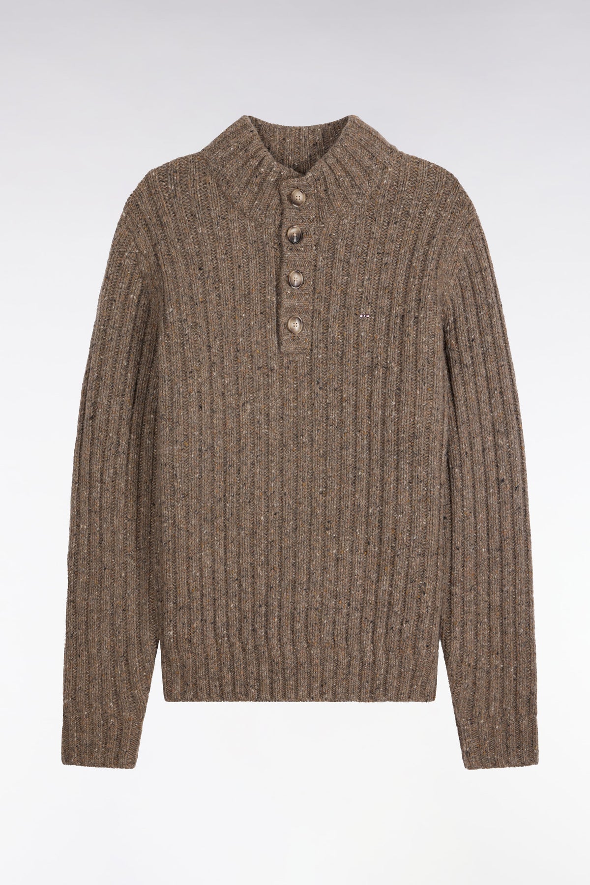 Khaki heather ribbed thick knit buttoned high-neck sweater