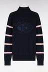 Regular fit zipped high-neck sweater in navy cotton with striped pink sleeves