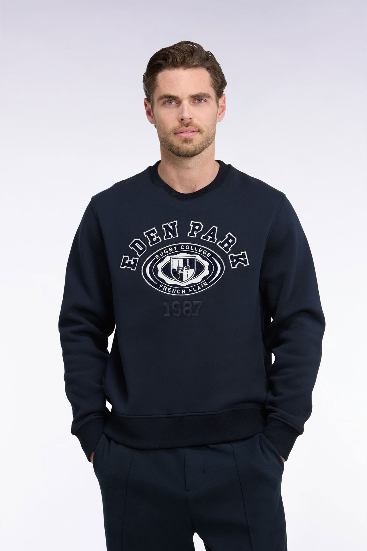 Straight cut embroidered navy fleece sweatshirt