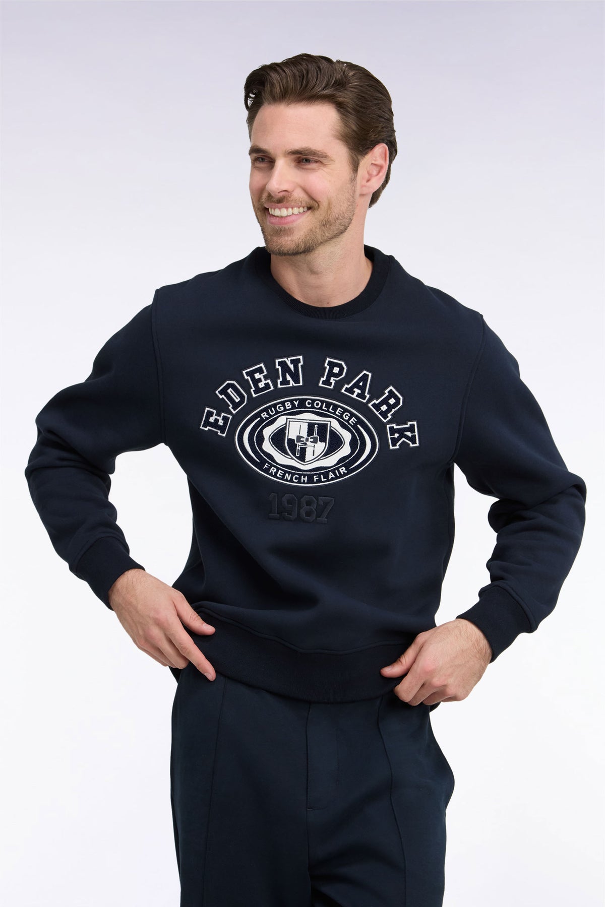 Straight cut embroidered navy fleece sweatshirt