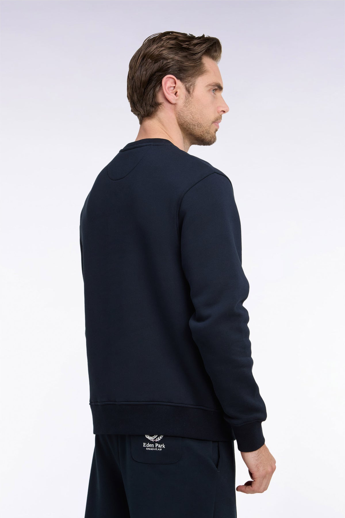 Straight cut embroidered navy fleece sweatshirt