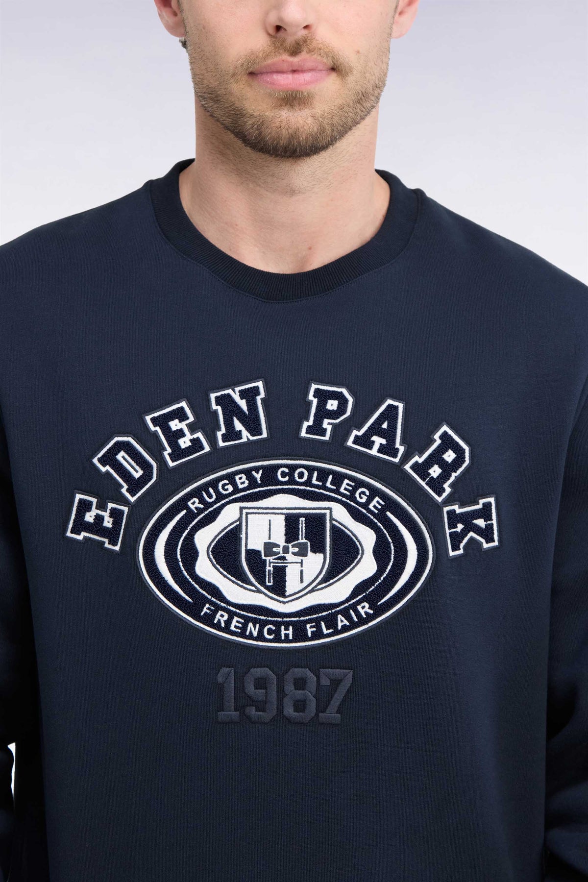 Straight cut embroidered navy fleece sweatshirt