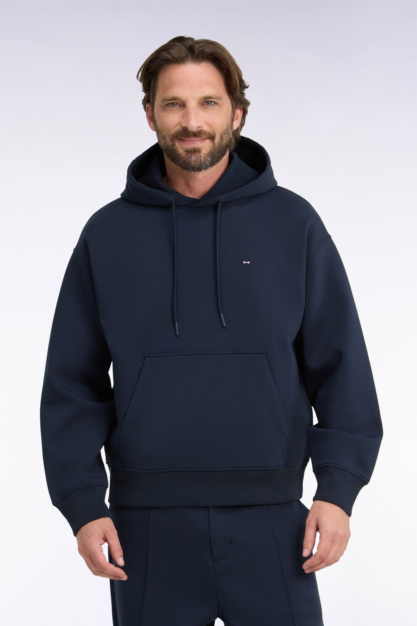 Sweatshirt à capuche unisexe en interlock marine coupe loose