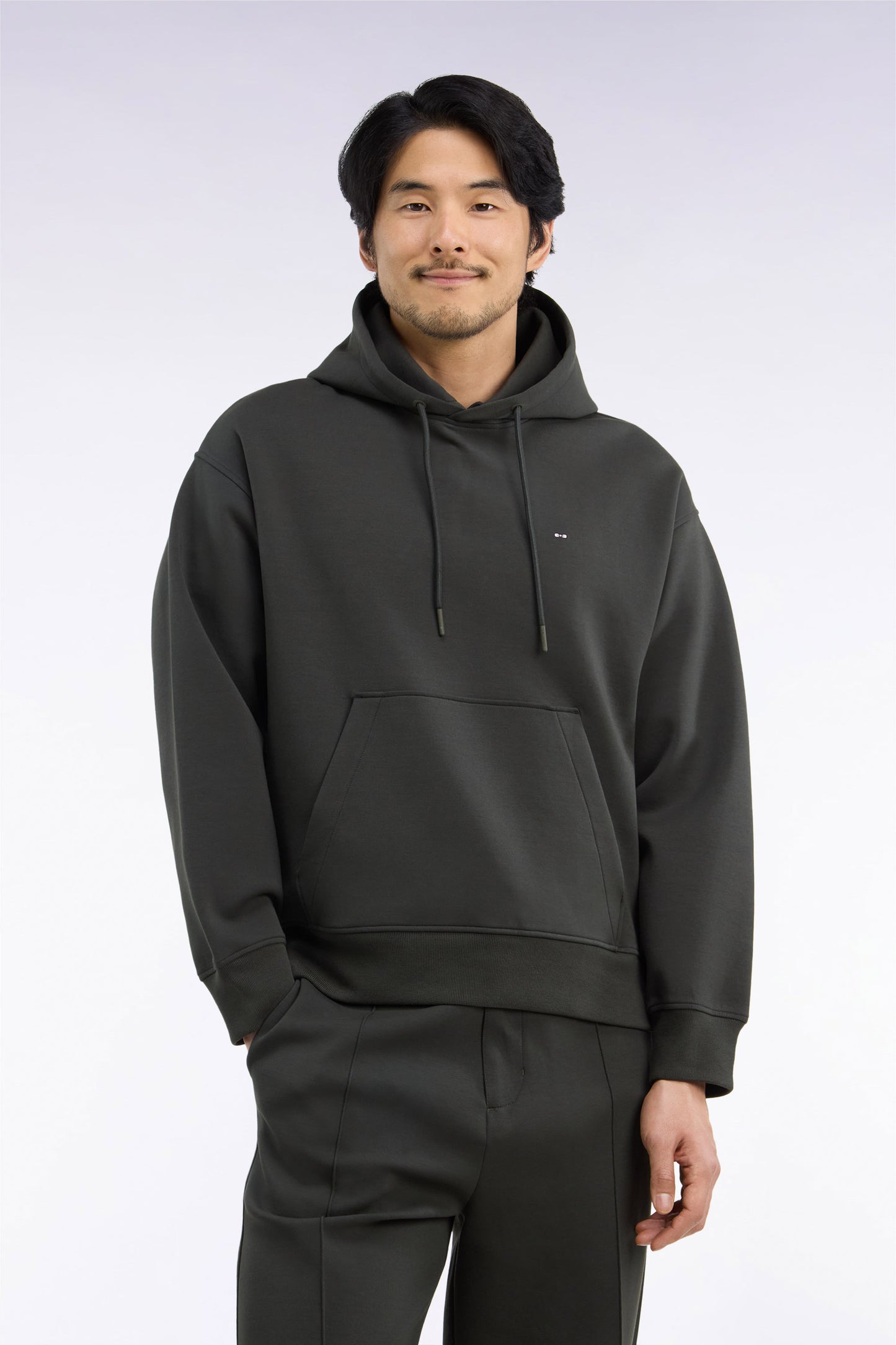 Sweatshirt à capuche unisexe en interlock kaki coupe loose