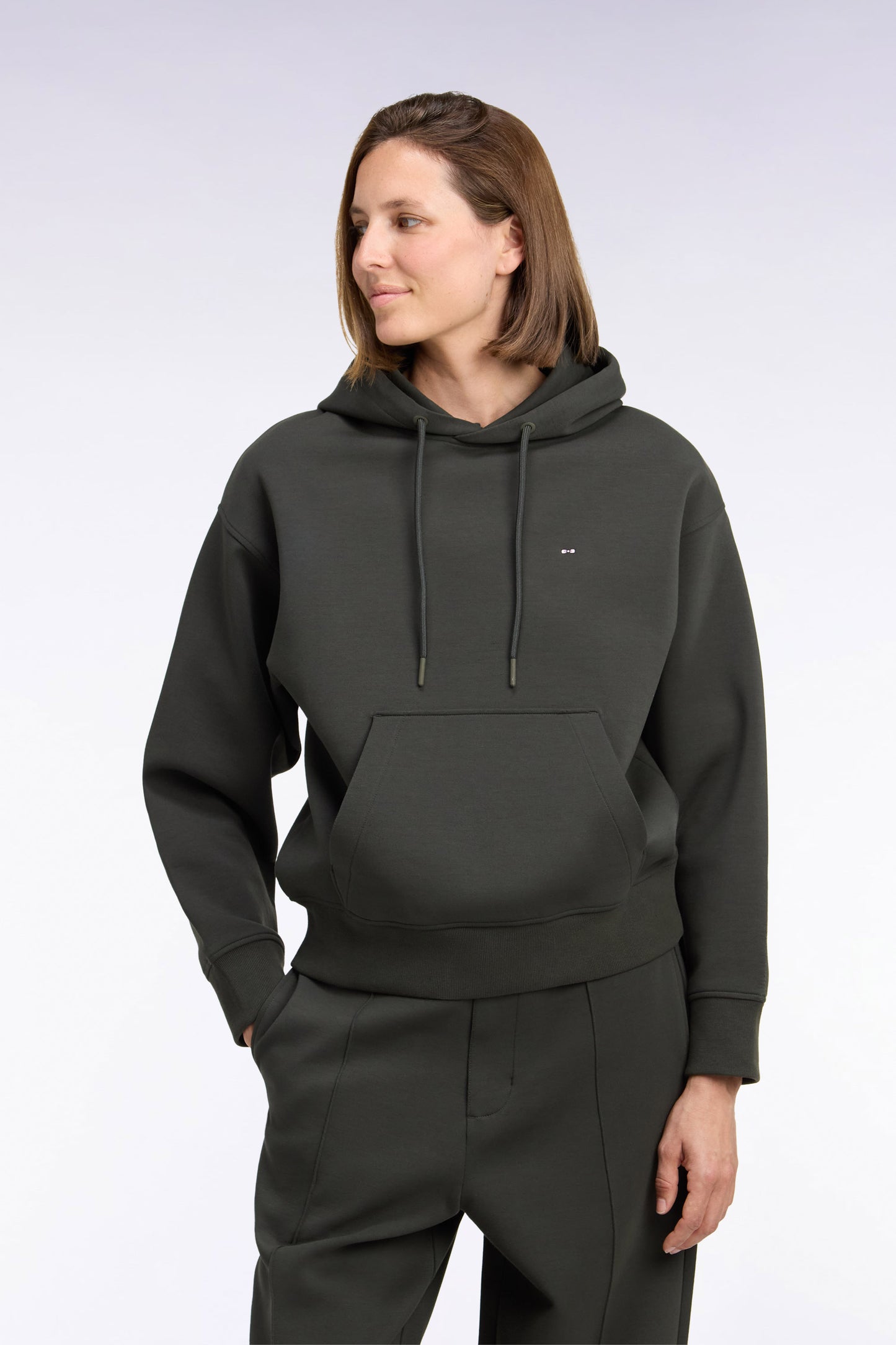 Sweatshirt à capuche unisexe en interlock kaki coupe loose