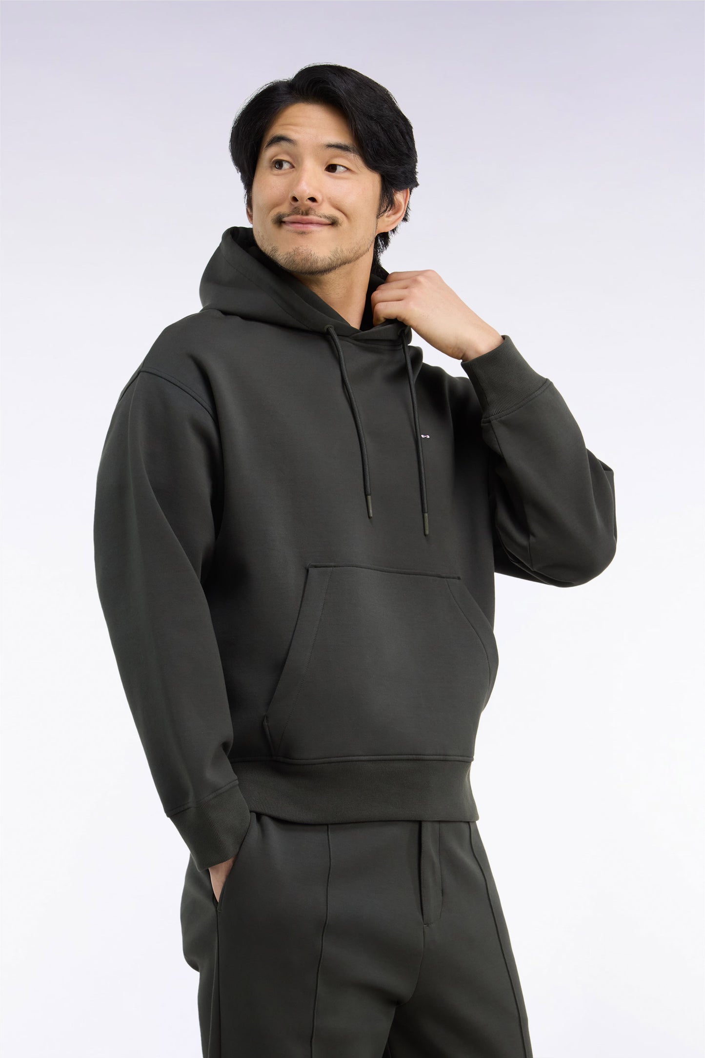 Sweatshirt à capuche unisexe en interlock kaki coupe loose