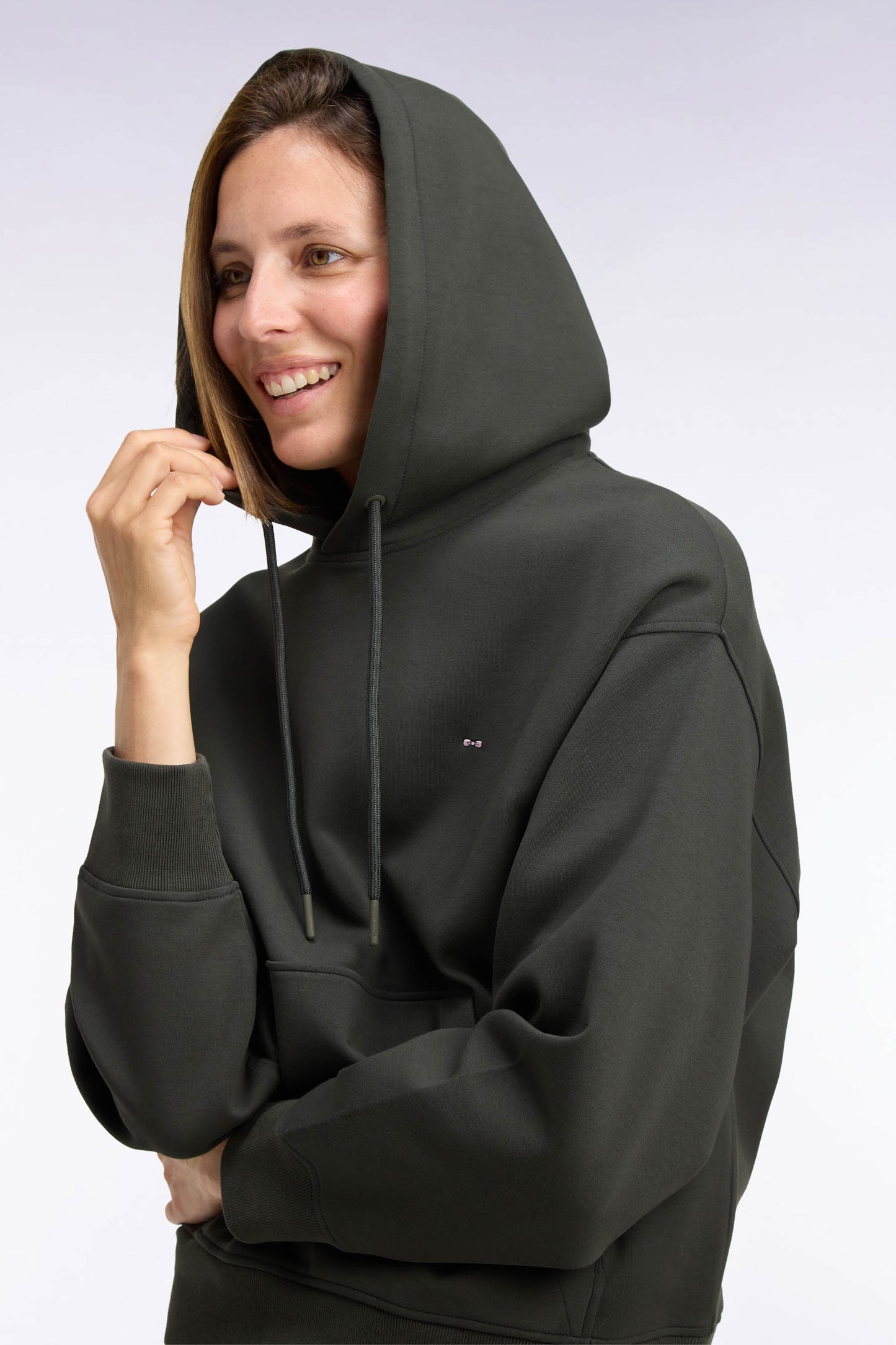 Sweatshirt à capuche unisexe en interlock kaki coupe loose