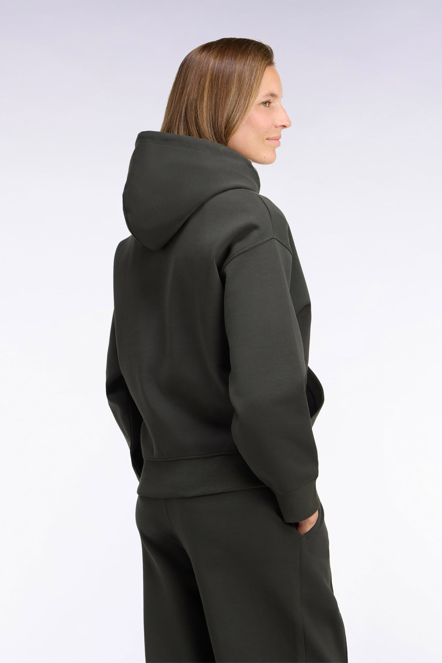 Sweatshirt à capuche unisexe en interlock kaki coupe loose
