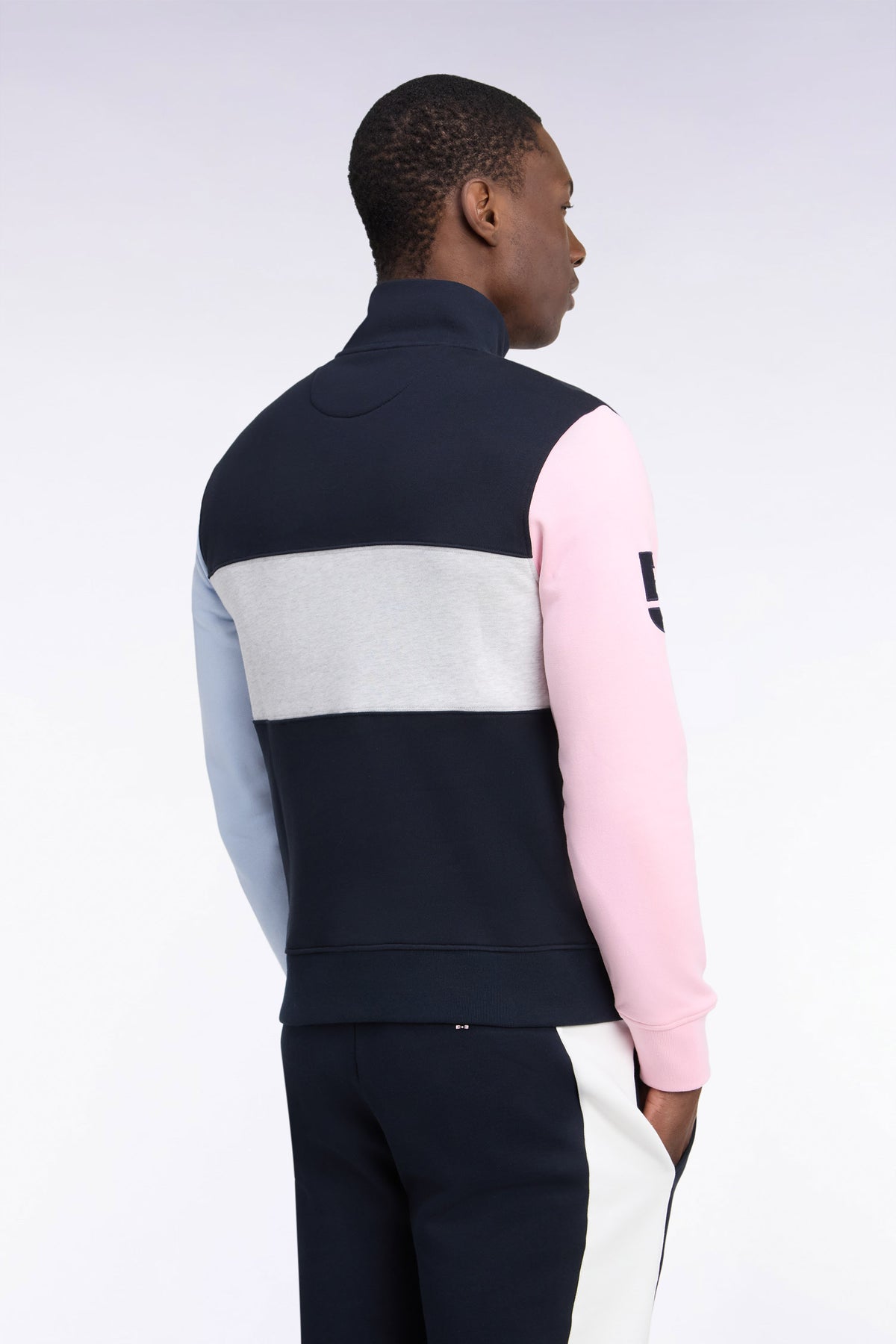 Straight cut cut-out navy cotton trucker neck sweatshirt