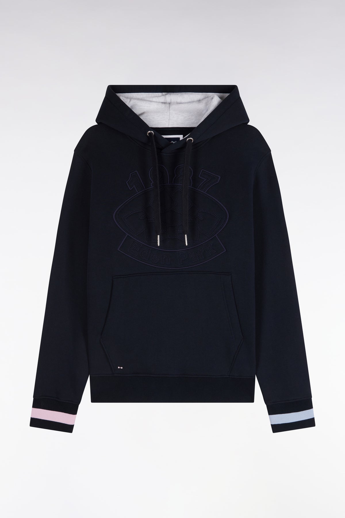 Straight cut embroidered navy cotton fleece hooded sweatshirt