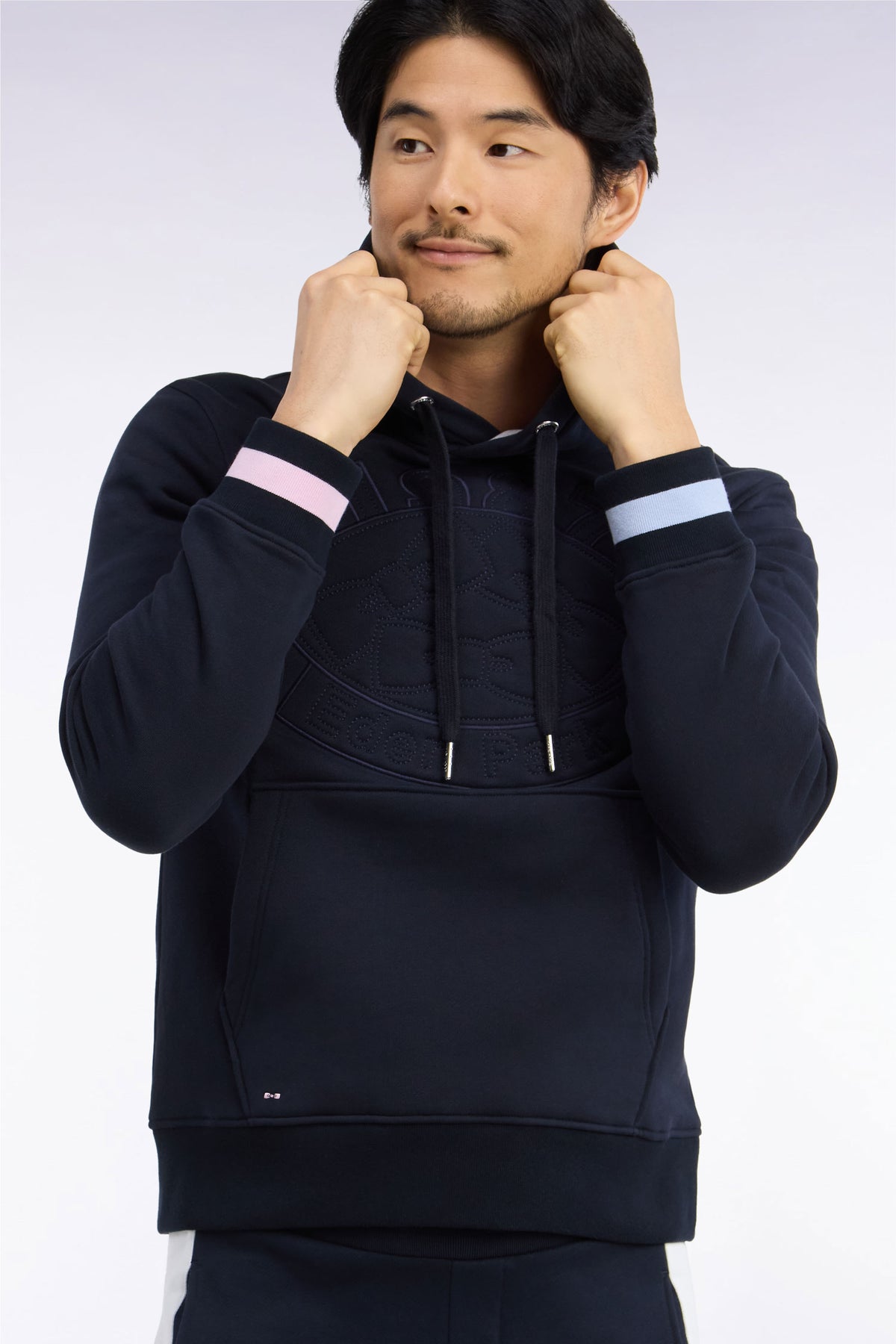 Straight cut embroidered navy cotton fleece hooded sweatshirt