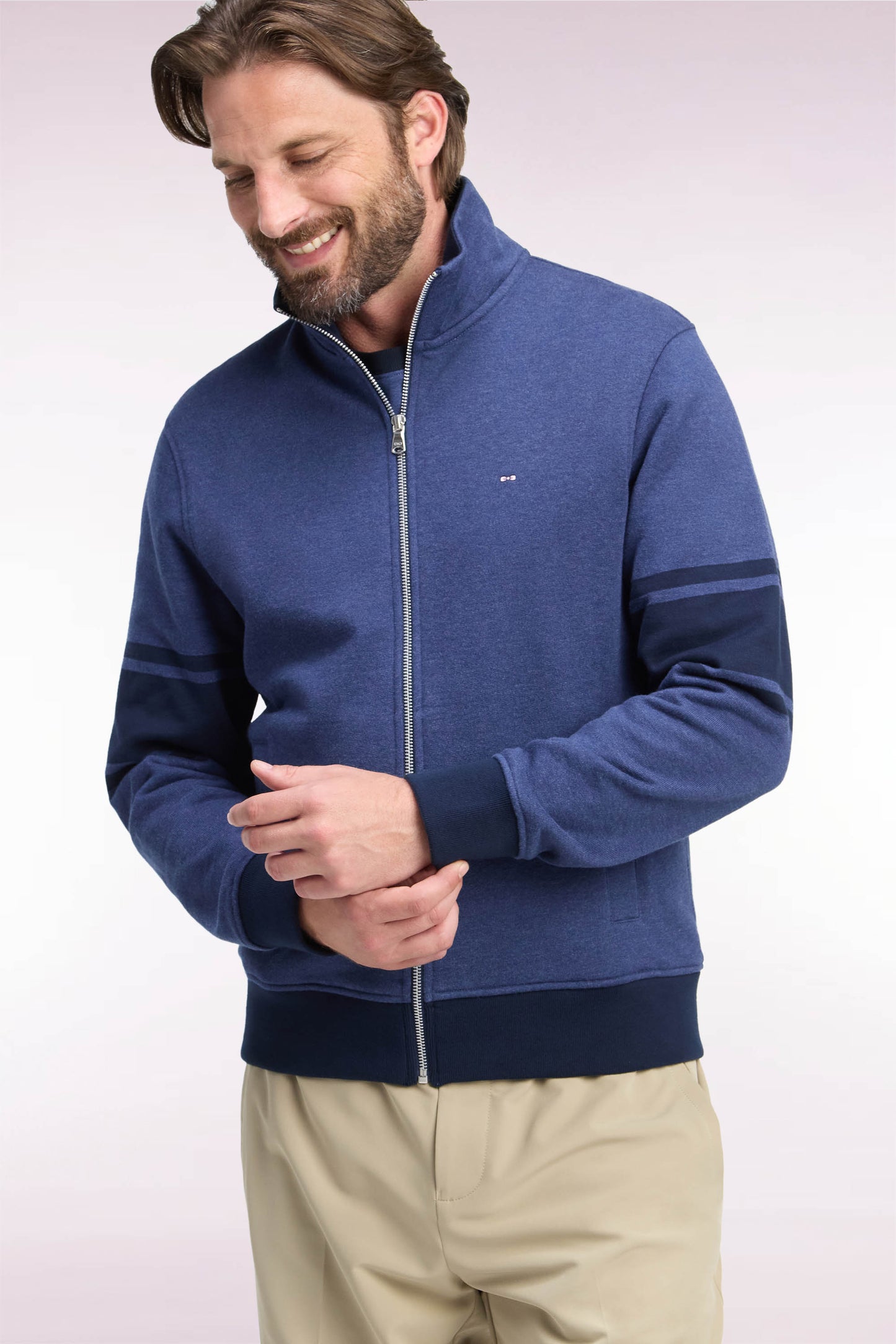 Sweatshirt zippé à col montant en molleton coton chiné coupe droite