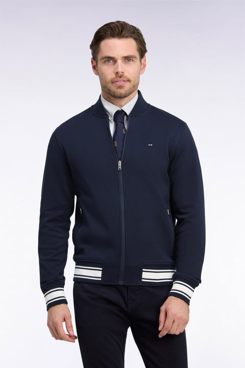 Sweatshirt zippé en interlock marine à bords-côtes Teddy coupe droite - Image 3